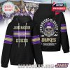 Black hoodie with JMU logo on front and bold skull helmet design on back with fan phrase “Stressed Blessed and Dukes Obsessed”!