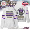 White hoodie with James Madison University graphics on front and skull helmet illustration with slogan on back!