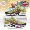 Tropical-themed TN sneakers placed on a box with signature graphics and an expressive portrait of Jimmy Buffett in the background!