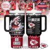 An insulated NFL tumbler designed for Kansas City Chiefs fans, showing off detailed graphics, team branding, and humor-filled energy checklist graphics.