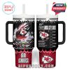 A vibrant and functional drink tumbler for Kansas City Chiefs fans, featuring full-wrap artwork with a stadium, flaming football, and drink menu-style checklist.