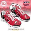 Red and white Chiefsmas sneakers with Christmas KC logo, holiday lights, and personalized name area!