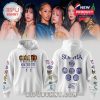 White KATSEYE hoodie with front cartoon artwork of the group, tour text, sleeve decorations, and personalized back print with SOPHIA name and collectible icon patches.