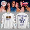 YOONCHAE edition KATSEYE tour sweatshirt with full group front print, colorful sleeve icons, and signature graphic on the reverse side.