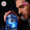 Man holding Kent State Golden Flashes whiskey glass with blue drink and ice in close detail!