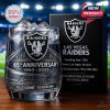 Raiders 65th Anniversary whiskey glass with box behind, on wooden surface!