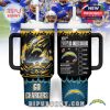 A large insulated tumbler designed for Chargers fans, combining vibrant yellow and blue tones with full-wrap artwork and playful drink-themed details.