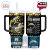 40oz fan tumbler designed with dynamic Los Angeles Chargers visuals, a parody drink checklist, and full coverage graphics in team blue and yellow.
