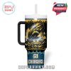 Los Angeles Chargers fan tumbler with stadium artwork, bold team lightning bolt, and energetic scene that captures the excitement of game day.