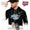 Front view of a Bluey Night x Los Angeles Kings hoodie in black and white, with cartoon characters and paw patterns.