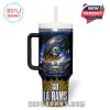 LA Rams-themed tumbler front featuring powerful football motion graphics, cheering fans, and a golden sunburst background.