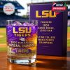 Close-up image of an NCAA 2025 Championship edition LSU Tigers whiskey glass and display box, celebrating the team’s historic win with bold collegiate design!