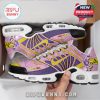 Side view of Dragon Ball sneakers in box showing purple and pink graphics, yellow swoosh, and visible air cushioning on white midsole!