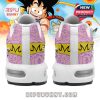 Heel design of Dragon Ball TN shoes with Majin logo on yellow stripe, pink anime sketches, and twin air units on white base!