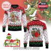 Christmas sweater with colorful Grinch-themed illustrations on both front and back and holiday graphics.
