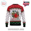 Rear design of festive Grinch sweater showing sleigh, presents, and Christmas signs for 2025 celebration.