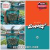 A Miami Dolphins 60th Anniversary whiskey decanter with the team’s logo and a dolphin figure, shown in the stadium setting.