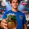 Young man in stadium offering a Miami Hurricanes 100th anniversary glass toward the camera, with vibrant team colors and crowd in background!