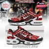 Side view of Michael Jackson red sneakers on box with iconic Bad-era photo montage background!