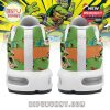 Rear angle of green turtle-themed sneakers featuring pizza graphics and vibrant heel details!