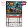 Halloween-themed Disney calendar page for October 2026 showing classic characters in costume surrounded by pumpkins and eerie trees.