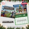 A product showcase featuring pages from the Minecraft 2026 calendar themed around Valentine's Day, Independence Day, Halloween, Thanksgiving, and New Year.