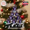 Football-themed ornament with athletes in purple and silver uniforms, stacked in a triangular pose, with a red ribbon for hanging and a trophy replica included at the bottom!