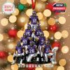 Christmas ornament shaped like a pyramid of purple-uniform football players, set against a glowing background with snowflake effects, and finished with a red ribbon and silver trophy!