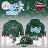 Front and back views of a Minnesota Wild Bluey Night hoodie with a matching green cap and cartoon hockey artwork!