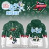 A Minnesota Wild hoodie showing Bluey characters on the front and a large Bluey design on the back with hockey themed details!