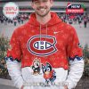 A red and white hoodie with Montreal Canadiens logo Bluey characters hockey details and paw print patterns!