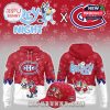Front and back views of a Montreal Canadiens Bluey Night hoodie with a matching red cap and cartoon hockey artwork!