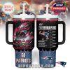 Insulated drink tumbler with double-sided graphics for Patriots fans, combining bold team colors, a detailed stadium view, and a checklist parody.