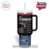 New England Patriots tumbler back featuring energetic colors, team logo, and a fun parody layout for drink options.