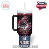 Front design of the Patriots fan tumbler highlighting explosive graphics and stadium artwork in dynamic team colors.