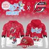 Front and back views of a New Jersey Devils Bluey Night hoodie with a matching red cap featuring cartoon hockey characters!
