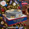 A detailed New York Giants 100th Anniversary ornament of MetLife Stadium, featuring snow effects and team colors.