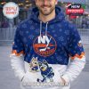 Blue hockey hoodie with Islanders logo cartoon characters and soft fabric worn by a male model outdoors!