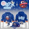 Front and back view of blue hockey hoodie with Islanders branding and Bluey Night character graphics!