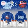 Full design view of blue Islanders Bluey Night hockey hoodie with cartoon artwork and paw print pattern!