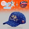 Blue hockey fan cap with Islanders logo and cartoon characters on patterned fabric!