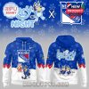 A New York Rangers-themed hoodie with cartoon hockey characters, paw prints, and a mix of fun graphics on both the front and back!