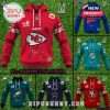 Kansas City Chiefs themed NFL hoodie featuring Bad Bunny signature branding and graphics, including logos on sleeves, chest, and pocket!