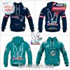 Patriots and Dolphins team hoodies in a special NFL x Bad Bunny drop with customized back print for the Super Bowl!
