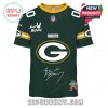 Official Bad Bunny x Packers tee featuring logo print, signature, and small mascot graphic for NFL fans!