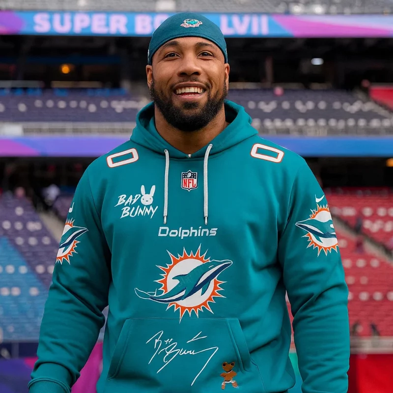 A male football player is standing in a stadium wearing a teal hoodie featuring the Miami Dolphins logo, NFL emblem, Bad Bunny text and cartoon graphics, with "Super Bowl LVII" visible in the background!
