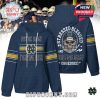 Navy hoodie with Notre Dame Fighting Irish front graphics and bold skull helmet fan design on back!