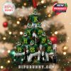 Christmas ornament with Oregon football players in green uniforms, snowy effect, championship trophy, and hanging red ribbon!