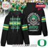 Black waffle-knit hoodie with Oregon Ducks branding, back skull helmet illustration, and eye-catching varsity stripe details!