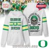 White Oregon Ducks hoodie with fan slogan, full skull helmet print on the back, and striking sleeve colors in school tones!
